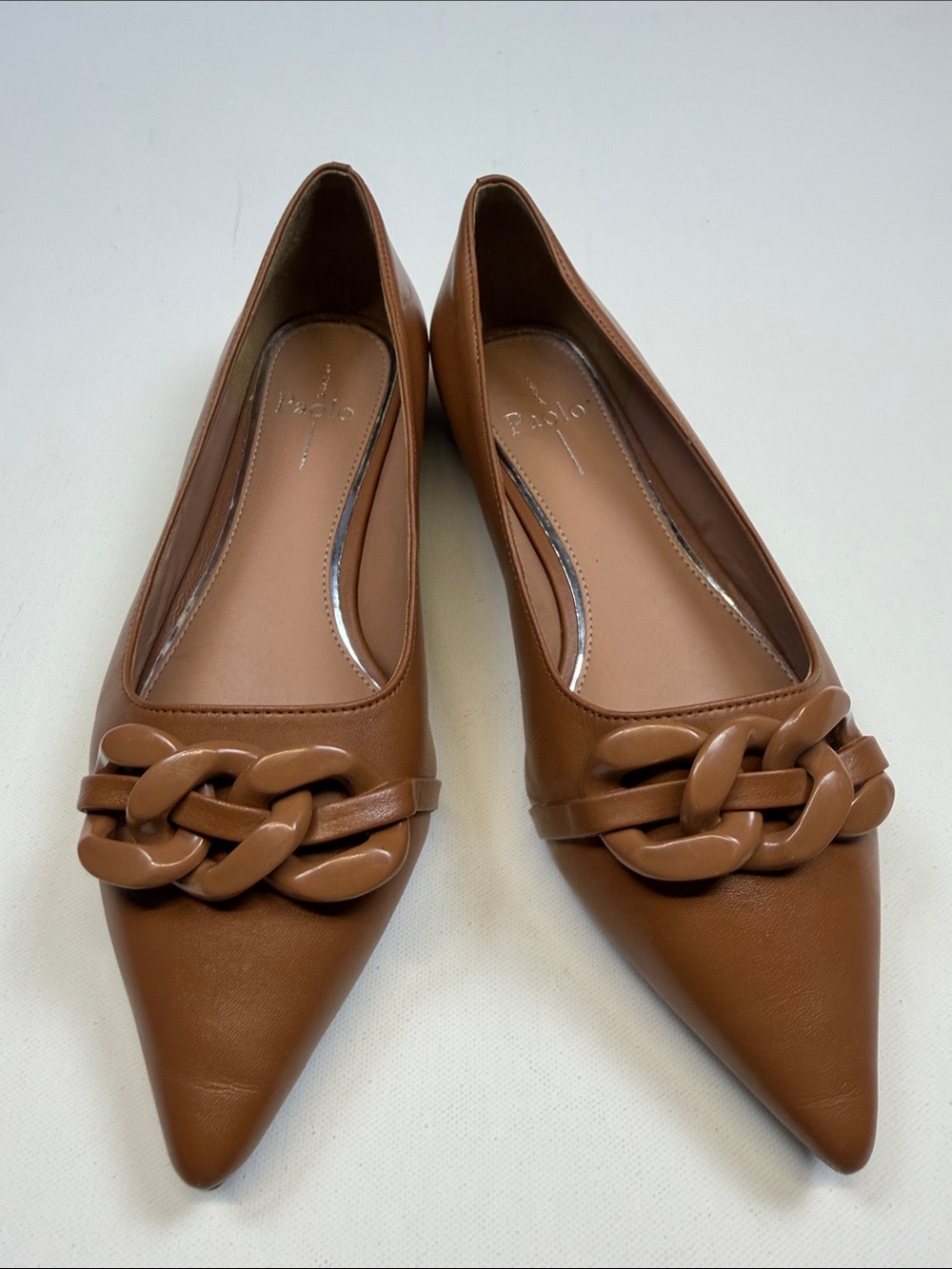 PAOLO BROWN POINTED TOE CHAIN PUMPS FLATS CAREER CLASSIC DRESS SHOES SIZE 9